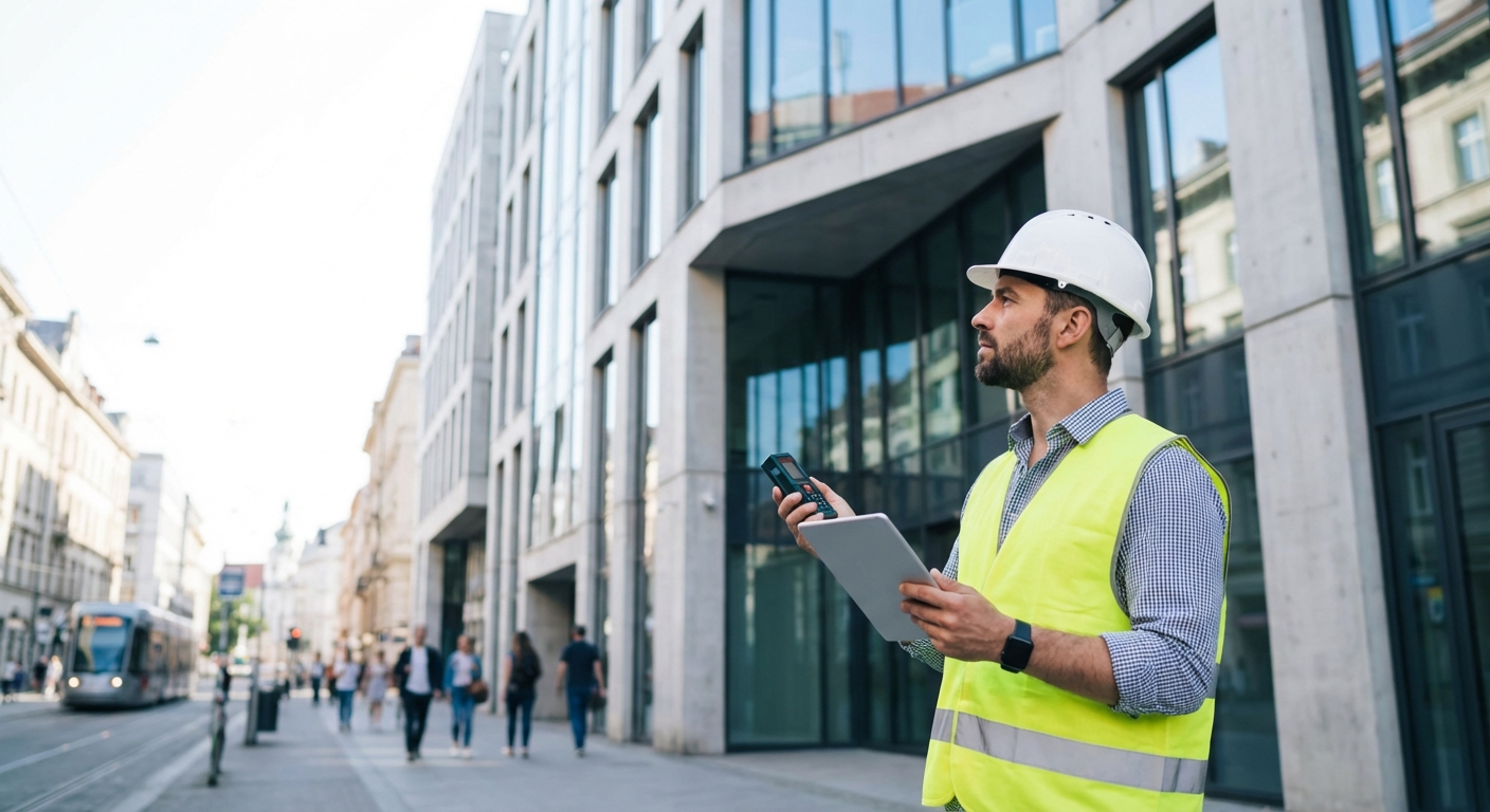 architect inspecting building facade