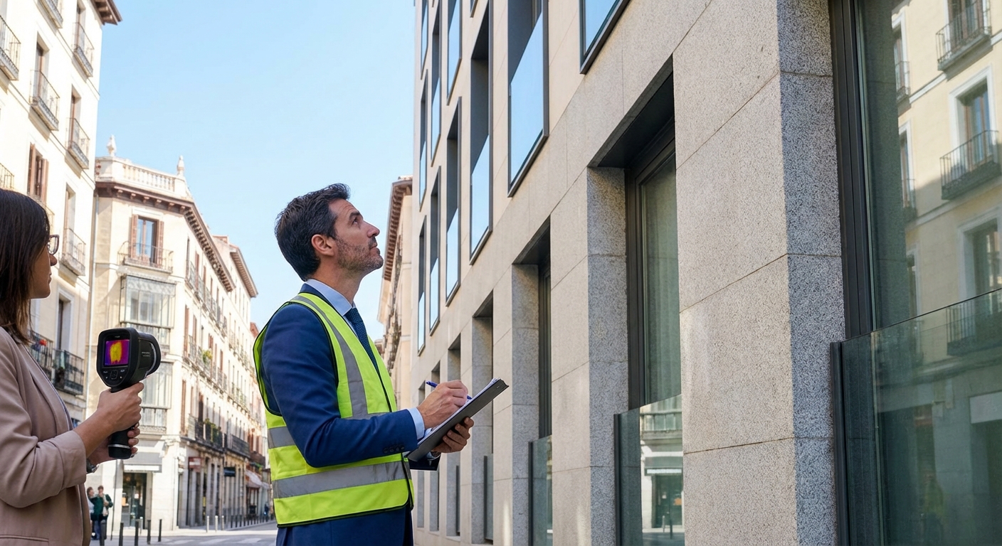 Architect inspecting building facade in Madrid with clipboard