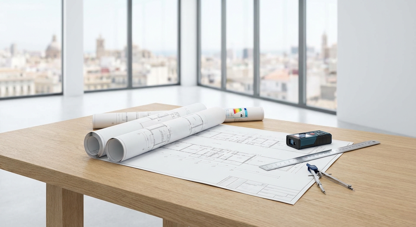 Architect blueprints on table with measuring tools